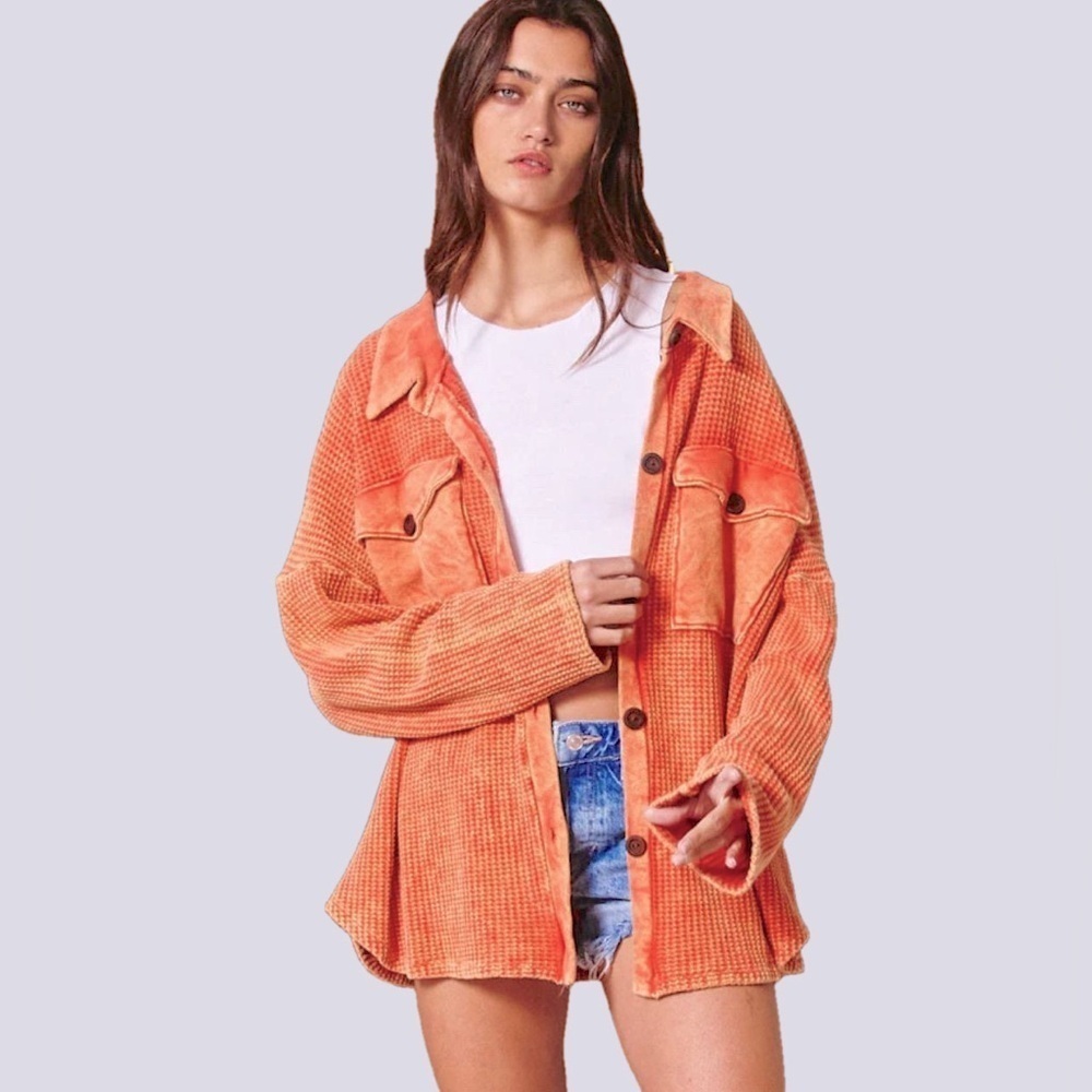 Bucket List Size S Waffle Knit Shacket Coral Rust Oversized Button Front Shirt